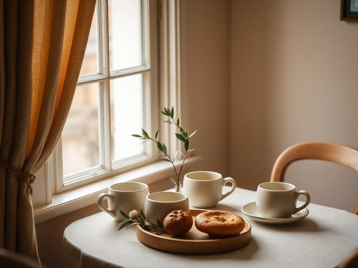 Breakfast table by a window at a small bed and breakfast