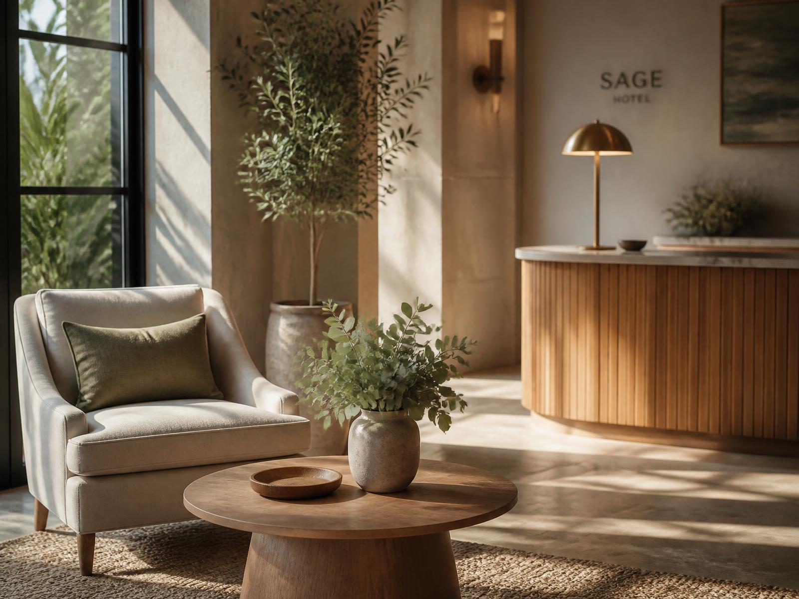 Sunlit lobby of a boutique hotel with linen armchair and eucalyptus