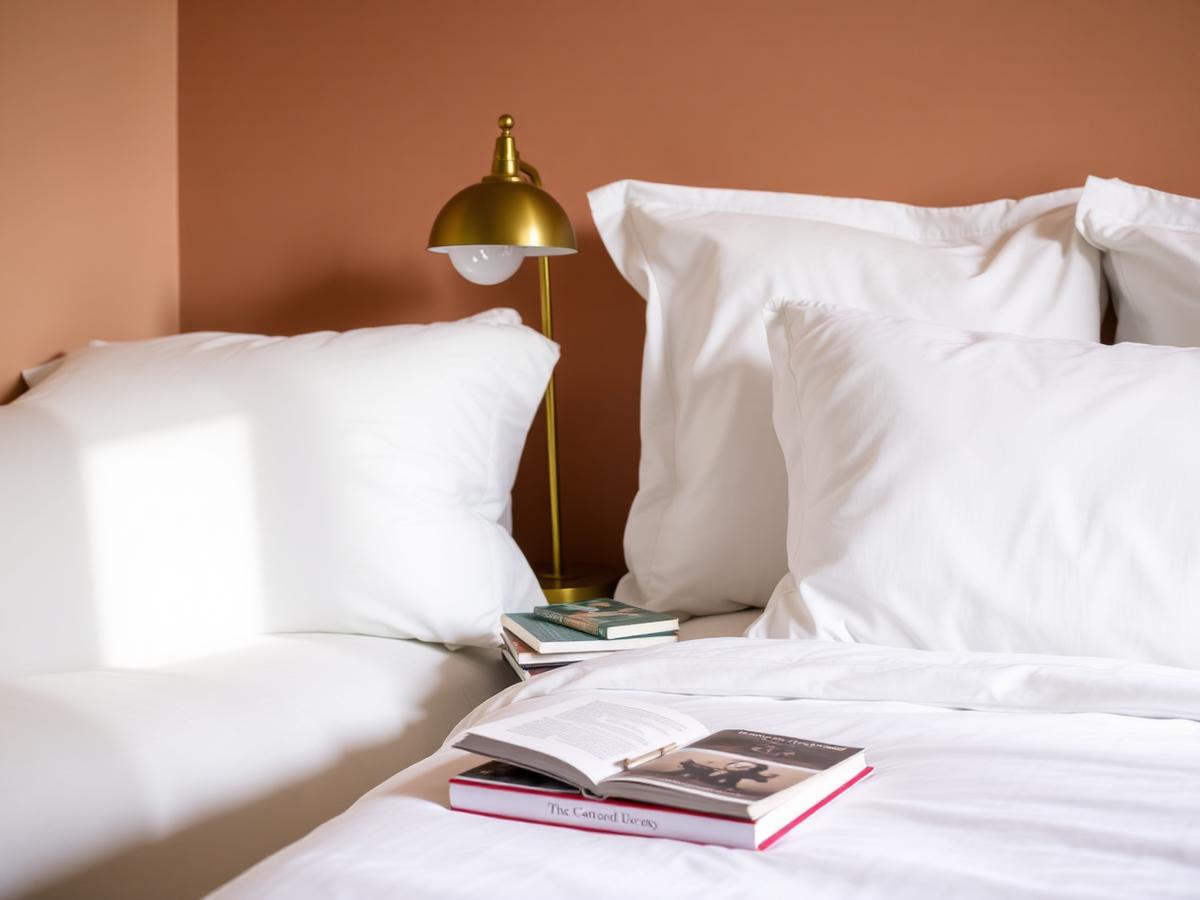Guest room with crisp white bedding and brass reading lamp